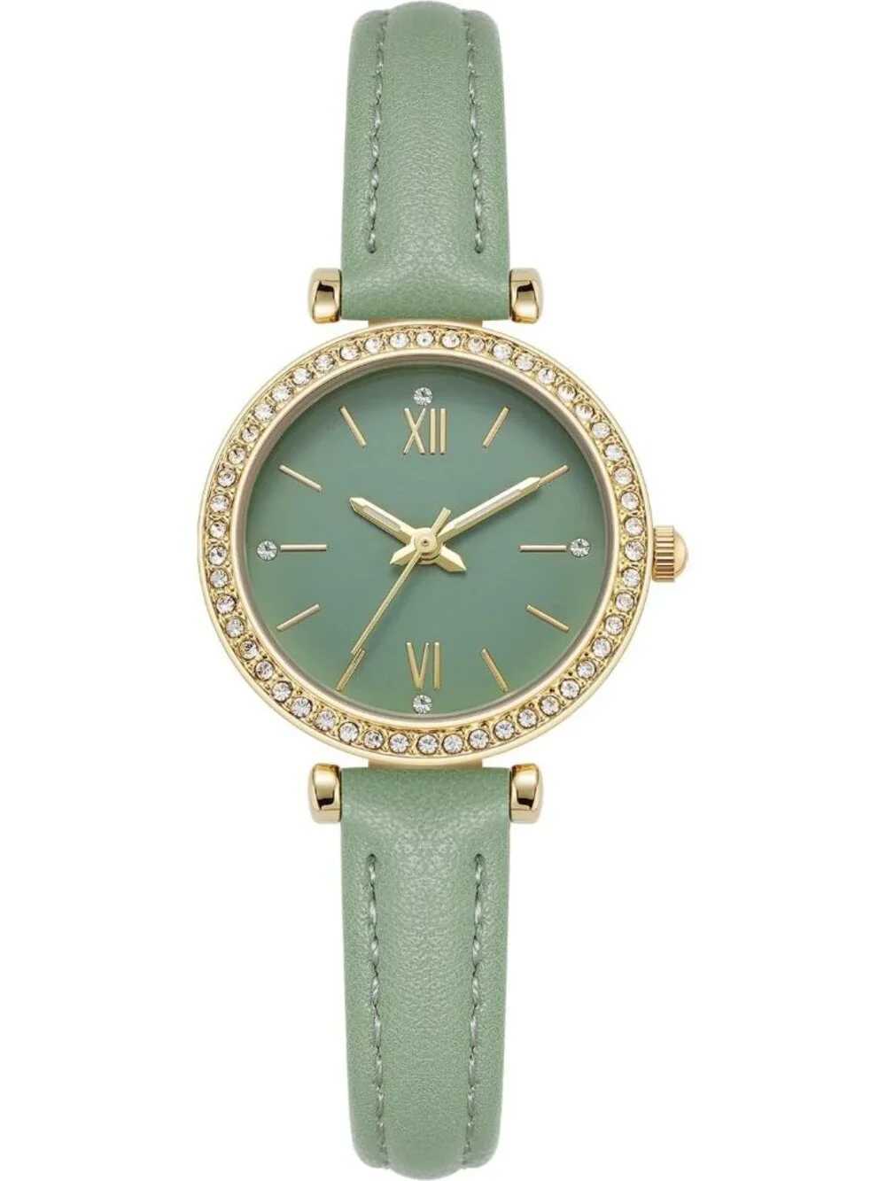 Women's Green Analog Quartz Leather Band Crystal Rhinestone Bezel Wrist Watch
